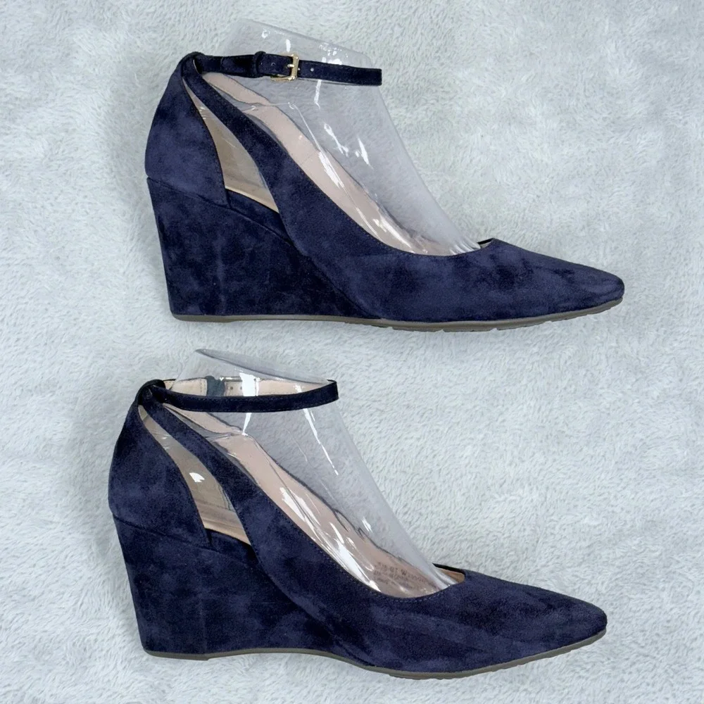 Cole Haan Lacey Suede Grand.OS Wedge Pump Women 8.5 Blue Ankle Strap Pointed Toe